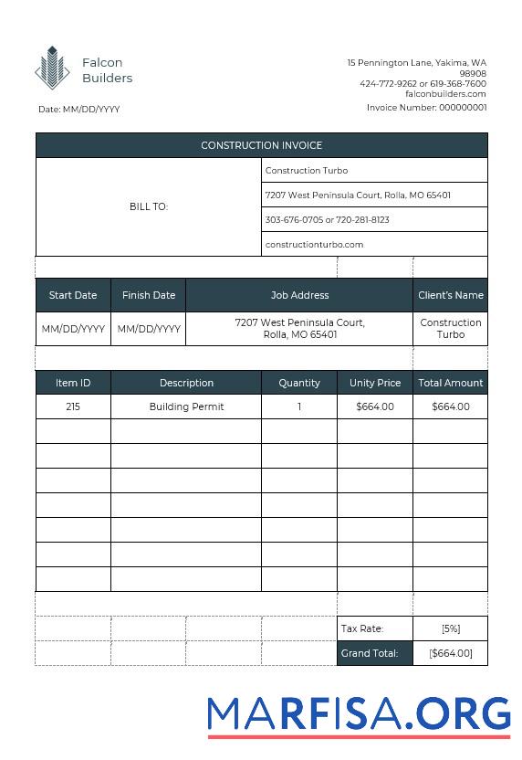 Printable Construction Job Invoice Template